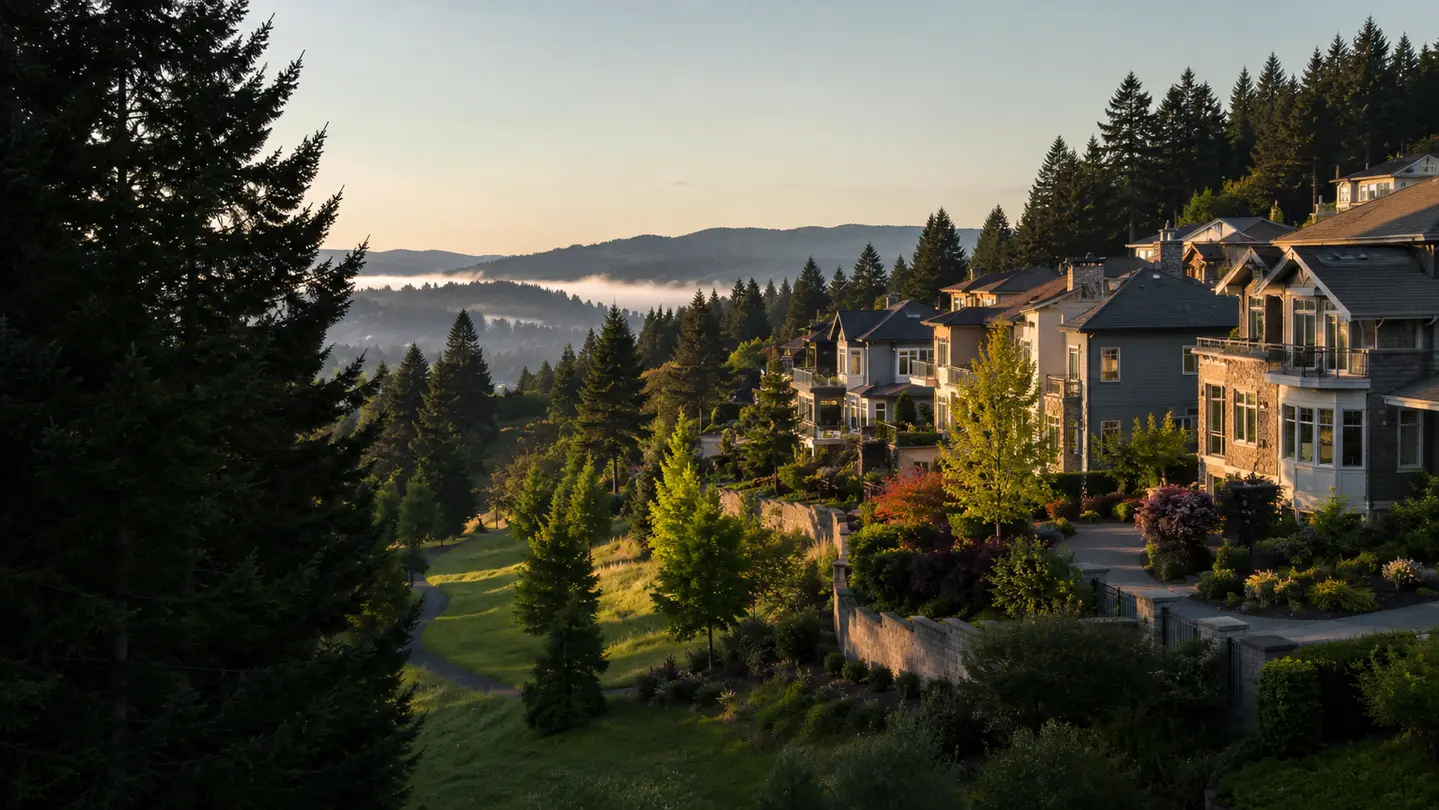 A newer Happy Valley hillside neighborhood with parks, trails, and wooded ridges