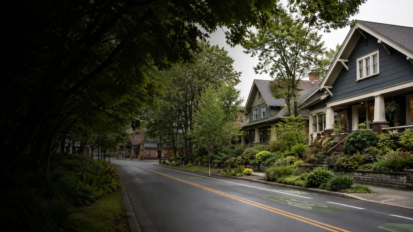 A tree-lined Northeast Portland neighborhood street with classic homes and local storefronts