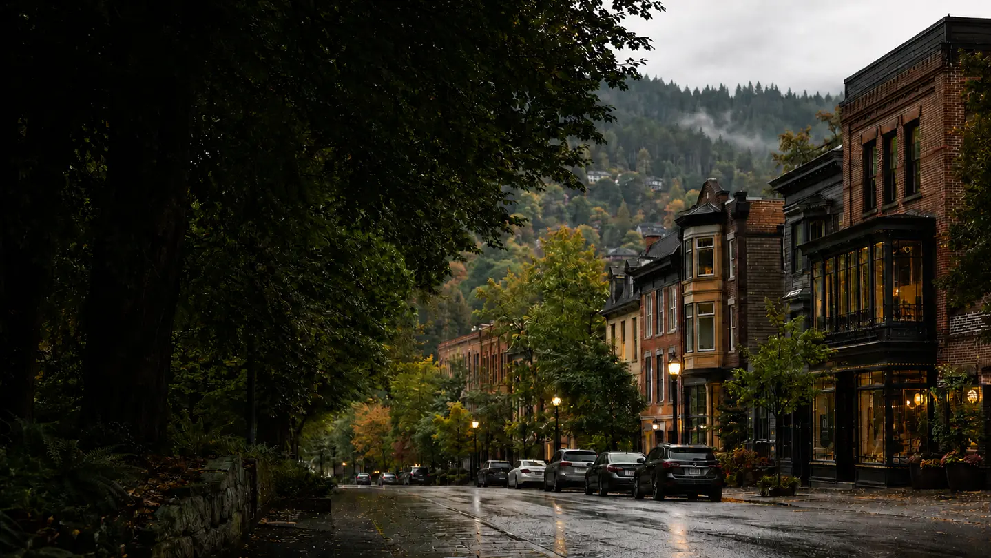 A leafy historic streetscape inspired by Northwest Portland