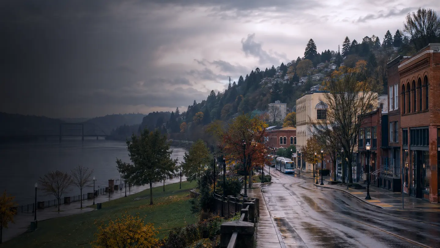 Historic Oregon City streets and hillside homes overlooking the Willamette River
