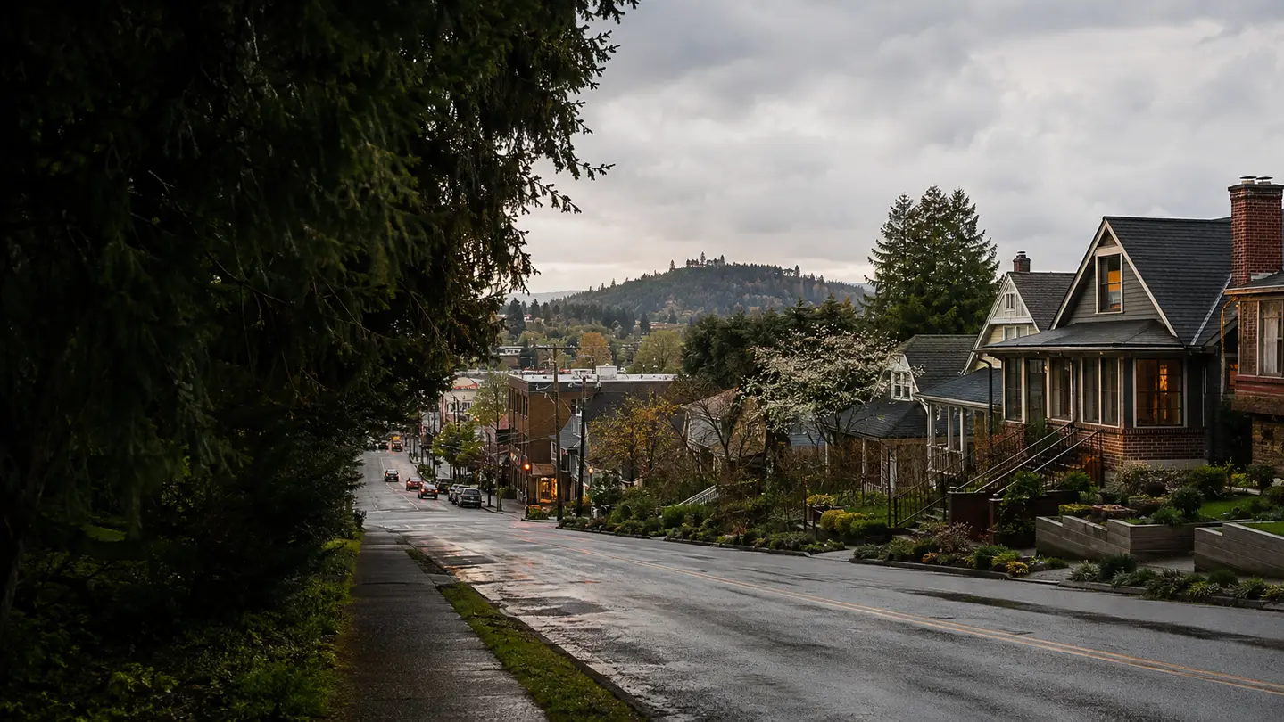 A leafy Southeast Portland street with neighborhood shops and Mount Tabor in the distance