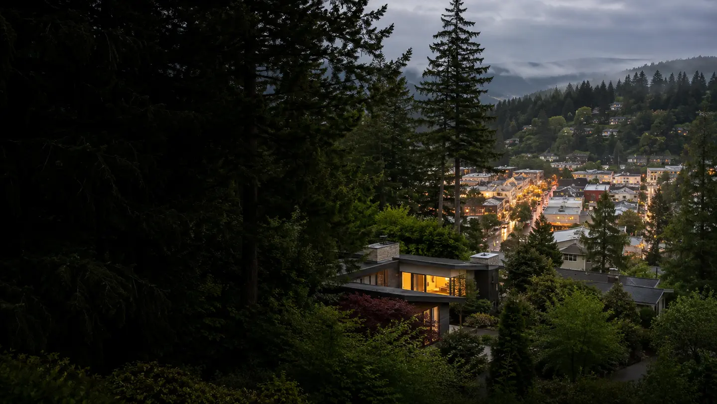 A wooded Southwest Portland neighborhood near a village main street